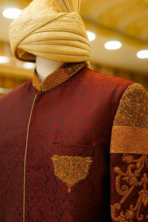 Sherwani in Deep Maroon with Exquisite Hand Embroidery and Elegant Print, Paired with Matching Kulla for a Majestic Look