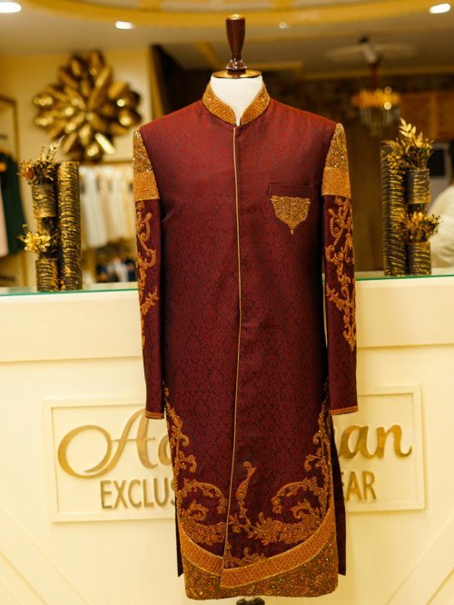 Sherwani in Deep Maroon with Exquisite Hand Embroidery and Elegant Print, Paired with Matching Kulla for a Majestic Look