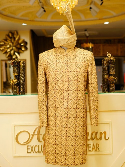 Short Sherwani in Skin with Full Detailed Hand Embroidery and Matching Kulla for a Sophisticated, Regal Look