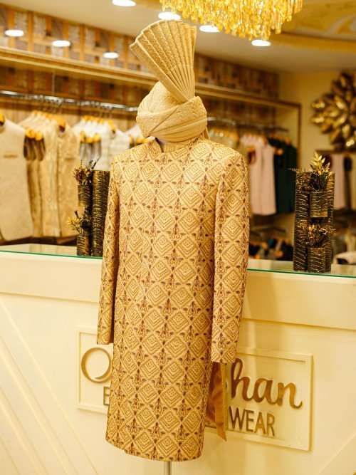 Short Sherwani in Skin with Full Detailed Hand Embroidery and Matching Kulla for a Sophisticated, Regal Look
