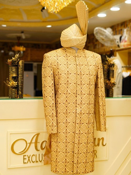 Short Sherwani in Skin with Full Detailed Hand Embroidery and Matching Kulla for a Sophisticated, Regal Look