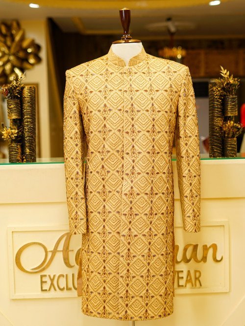 Short Sherwani in Skin with Full Detailed Hand Embroidery and Matching Kulla for a Sophisticated, Regal Look