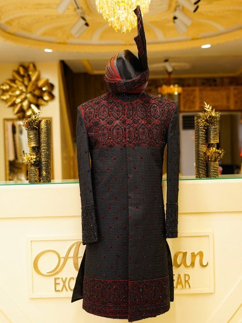 Short Sherwani in Bold Black Tone with Striking Red Hand Embroidery and Matching Kulla for a Regal Statement