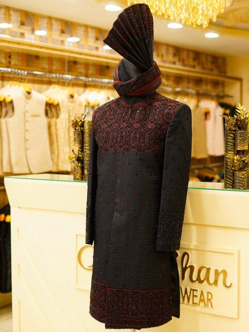 Short Sherwani in Bold Black Tone with Striking Red Hand Embroidery and Matching Kulla for a Regal Statement