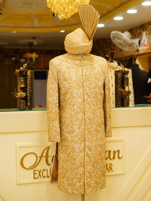 Short Sherwani in Subtle Skin Tone with Delicate Embroidery and Matching Kulla for a Graceful Heritage Look