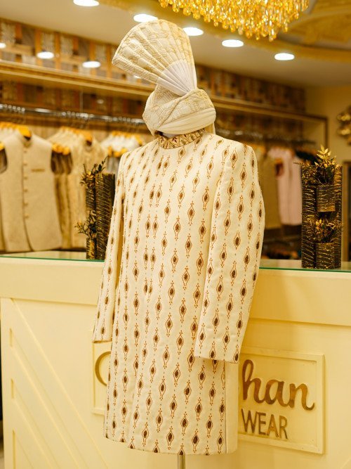 Short Sherwani in Skin Tone with White Embroidery and Matching Kulla for a Sophisticated Contemporary Look
