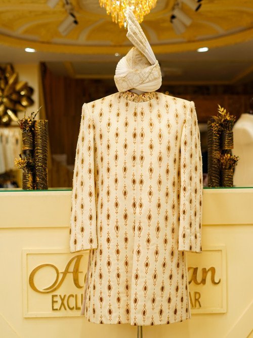 Short Sherwani in Skin Tone with White Embroidery and Matching Kulla for a Sophisticated Contemporary Look