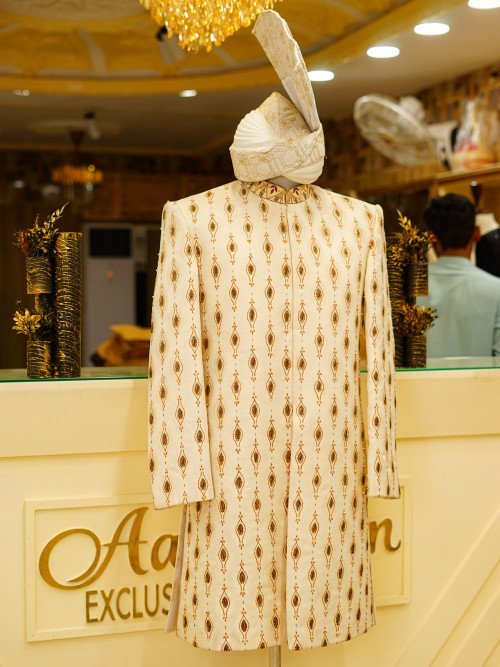 Short Sherwani in Skin Tone with White Embroidery and Matching Kulla for a Sophisticated Contemporary Look