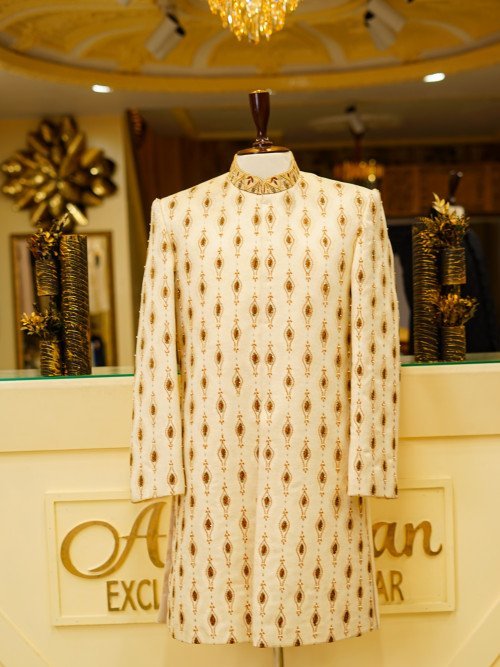 Short Sherwani in Skin Tone with White Embroidery and Matching Kulla for a Sophisticated Contemporary Look