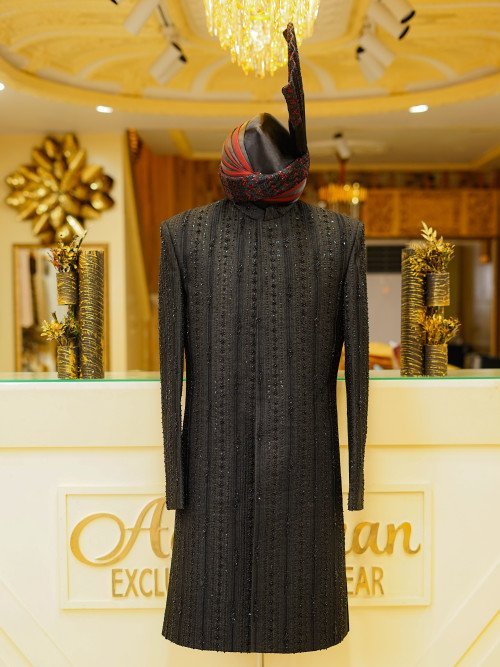 Regal Black Sherwani with Hand Embroidery & Kulla