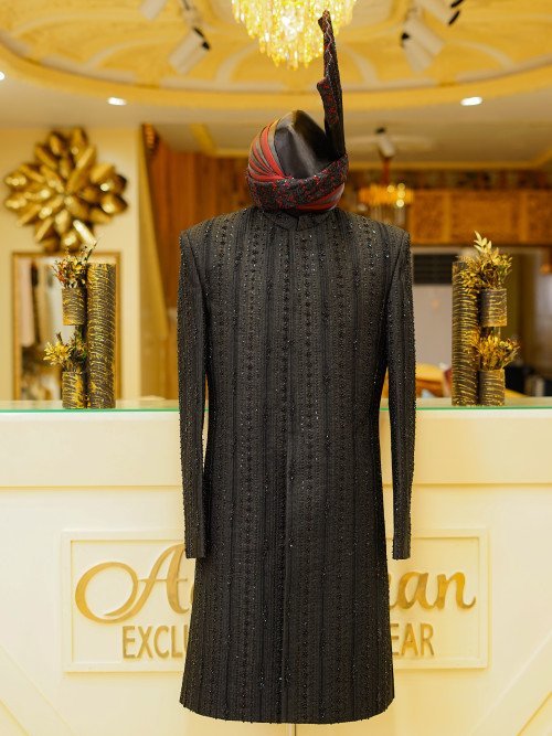 Regal Black Sherwani with Hand Embroidery & Kulla