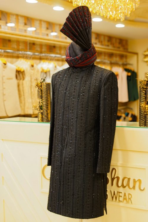 Regal Black Sherwani with Hand Embroidery & Kulla