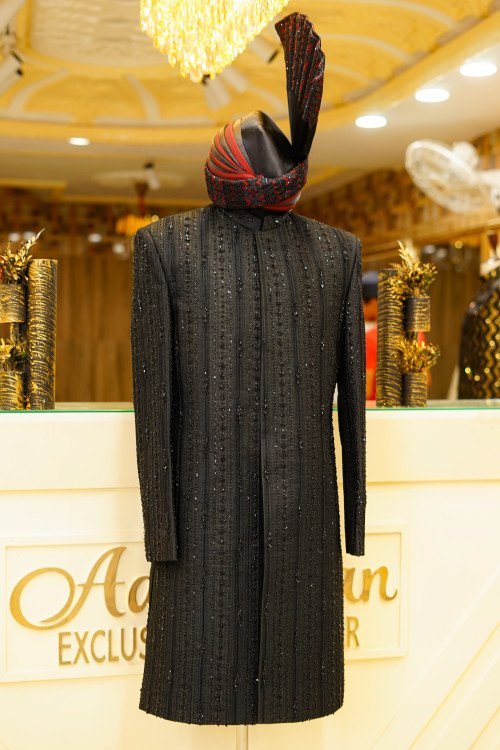 Regal Black Sherwani with Hand Embroidery & Kulla