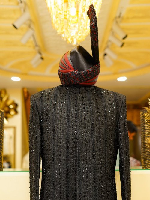 Regal Black Sherwani with Hand Embroidery & Kulla