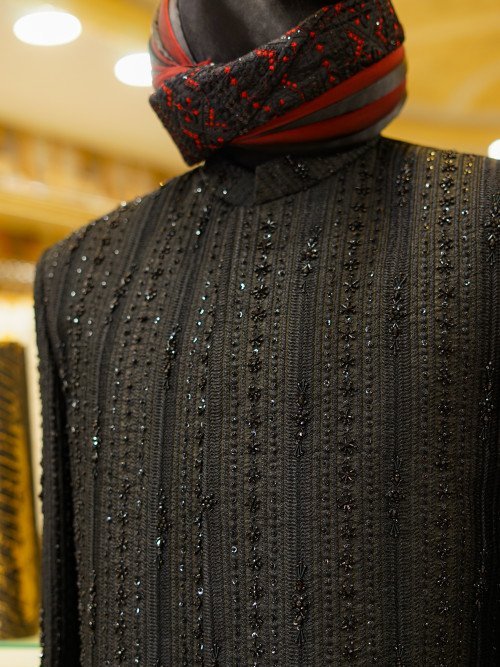 Regal Black Sherwani with Hand Embroidery & Kulla