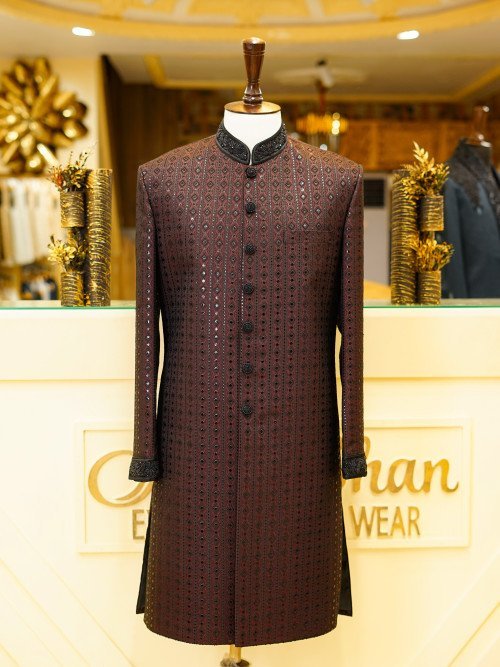 Majestic Maroon Sherwani with Intricate Black Embroidery – A Bold Blend of Tradition and Sophistication