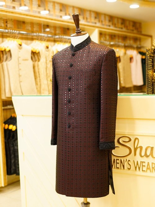 Majestic Maroon Sherwani with Intricate Black Embroidery – A Bold Blend of Tradition and Sophistication