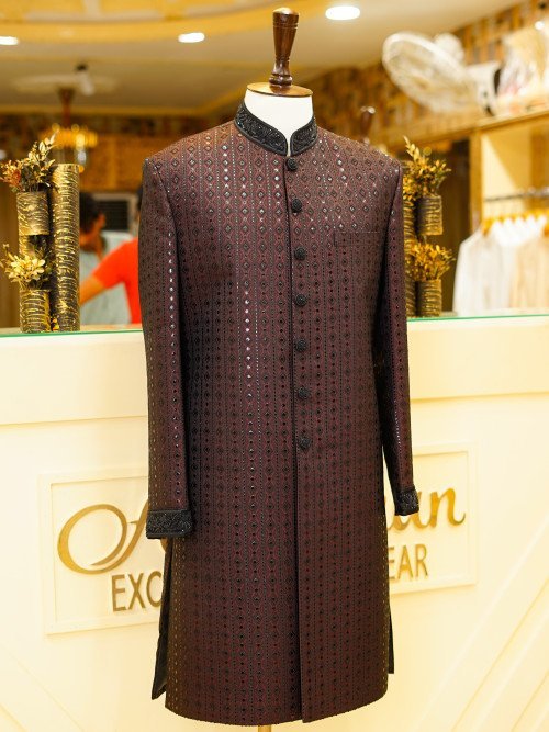Majestic Maroon Sherwani with Intricate Black Embroidery – A Bold Blend of Tradition and Sophistication