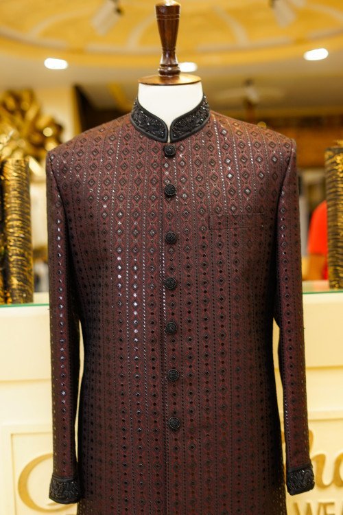 Majestic Maroon Sherwani with Intricate Black Embroidery – A Bold Blend of Tradition and Sophistication