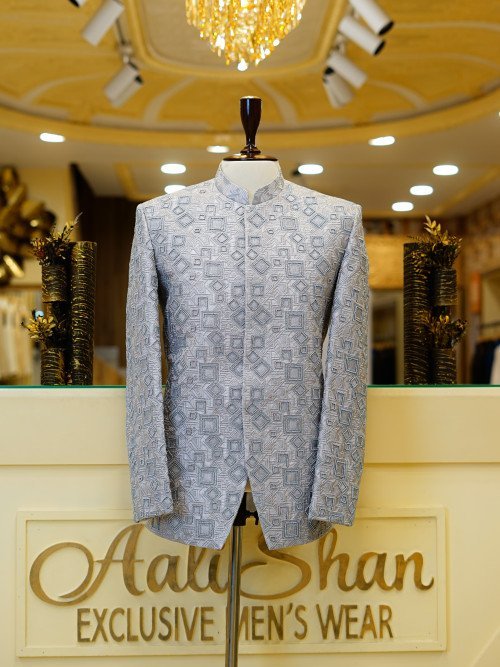 Elegant Grey Men's Prince Coat with Full Embroidery – Handcrafted Royal Ethnic Outfit for Weddings, Ceremonies & Special Occasions