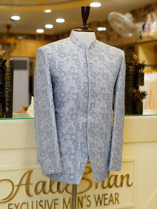 Elegant Grey Men's Prince Coat with Full Embroidery – Handcrafted Royal Ethnic Outfit for Weddings, Ceremonies & Special Occasions