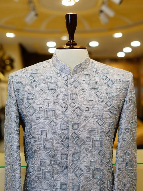 Elegant Grey Men's Prince Coat with Full Embroidery – Handcrafted Royal Ethnic Outfit for Weddings, Ceremonies & Special Occasions