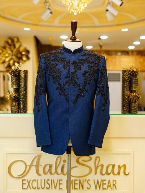 Royal Blue Prince Coat for Men with Exquisite Black Embroidery – Regal Ethnic Wear for Weddings and Formal Occasions