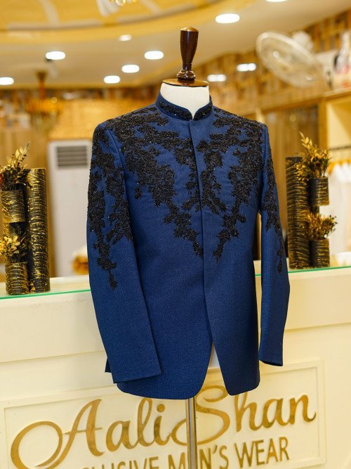 Royal Blue Prince Coat for Men with Exquisite Black Embroidery – Regal Ethnic Wear for Weddings and Formal Occasions