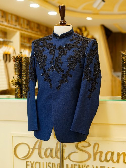 Royal Blue Prince Coat for Men with Exquisite Black Embroidery – Regal Ethnic Wear for Weddings and Formal Occasions