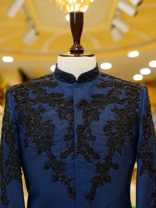 Royal Blue Prince Coat for Men with Exquisite Black Embroidery – Regal Ethnic Wear for Weddings and Formal Occasions