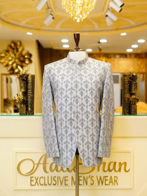 Elegant Grey Prince Coat for Men with Premium Hand Work Embroidery – Traditional Formal Wear for Weddings & Celebrations