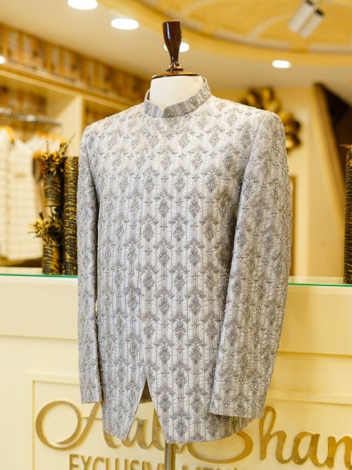 Elegant Grey Prince Coat for Men with Premium Hand Work Embroidery – Traditional Formal Wear for Weddings & Celebrations
