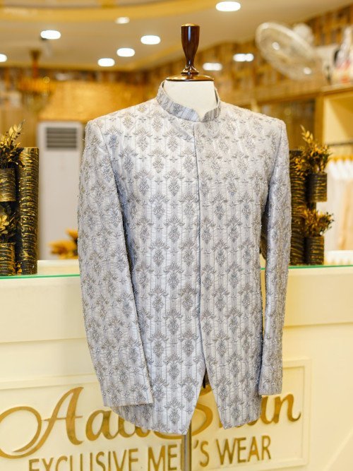 Elegant Grey Prince Coat for Men with Premium Hand Work Embroidery – Traditional Formal Wear for Weddings & Celebrations