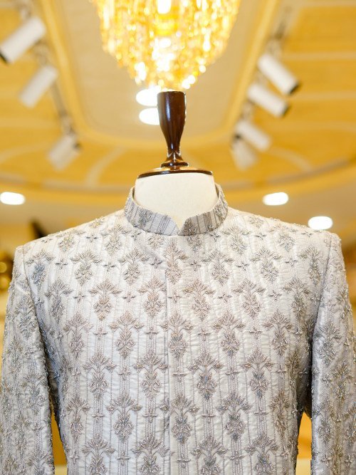 Elegant Grey Prince Coat for Men with Premium Hand Work Embroidery – Traditional Formal Wear for Weddings & Celebrations