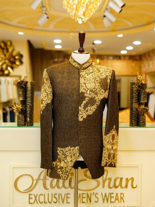 Classic Brown Prince Coat for Men with Intricate Hand Work Embroidery – Regal Attire for Weddings and Formal Celebrations