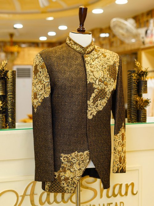 Classic Brown Prince Coat for Men with Intricate Hand Work Embroidery – Regal Attire for Weddings and Formal Celebrations