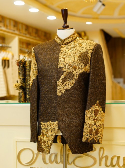 Classic Brown Prince Coat for Men with Intricate Hand Work Embroidery – Regal Attire for Weddings and Formal Celebrations