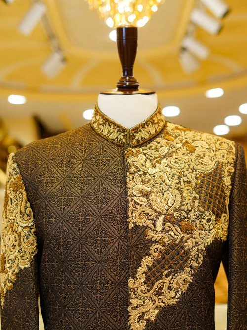 Classic Brown Prince Coat for Men with Intricate Hand Work Embroidery – Regal Attire for Weddings and Formal Celebrations