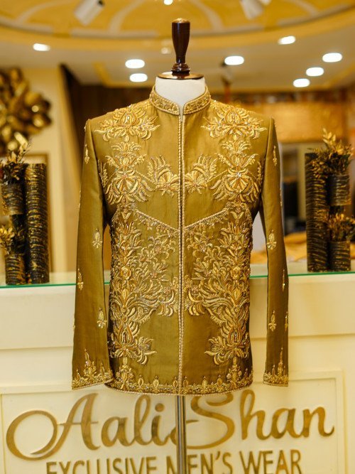 Luxurious Brown Silk Prince Coat for Men with Fine Hand Work Embroidery – Premium Traditional Wear for Weddings & Formal Events