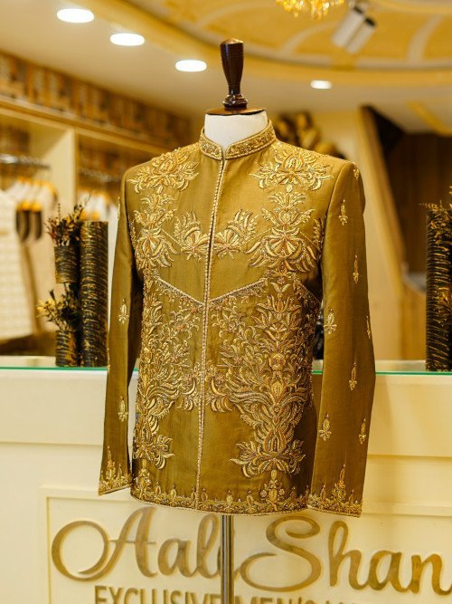 Luxurious Brown Silk Prince Coat for Men with Fine Hand Work Embroidery – Premium Traditional Wear for Weddings & Formal Events