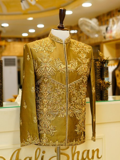 Luxurious Brown Silk Prince Coat for Men with Fine Hand Work Embroidery – Premium Traditional Wear for Weddings & Formal Events