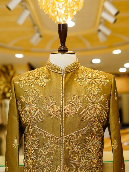 Luxurious Brown Silk Prince Coat for Men with Fine Hand Work Embroidery – Premium Traditional Wear for Weddings & Formal Events