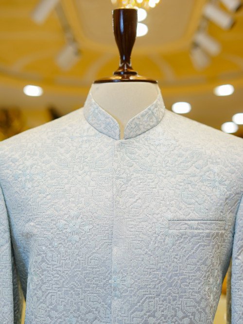 Light Frozi Silk Prince Coat for Men with Delicate Hand Work Embroidery – Elegant Ethnic Wear for Weddings and Festive Occasions