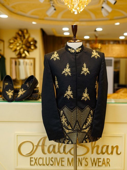Elegant Black Prince Coat for Men with Skin-Toned Hand Embroidery Paired with Matching Formal Shoes – A Regal Ensemble for Special Occasions