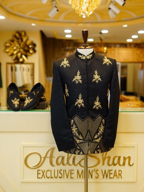 Elegant Black Prince Coat for Men with Skin-Toned Hand Embroidery Paired with Matching Formal Shoes – A Regal Ensemble for Special Occasions