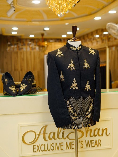 Elegant Black Prince Coat for Men with Skin-Toned Hand Embroidery Paired with Matching Formal Shoes – A Regal Ensemble for Special Occasions