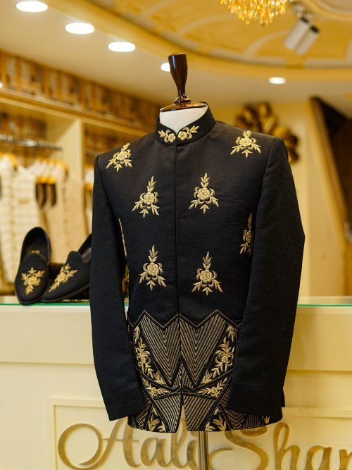 Elegant Black Prince Coat for Men with Skin-Toned Hand Embroidery Paired with Matching Formal Shoes – A Regal Ensemble for Special Occasions
