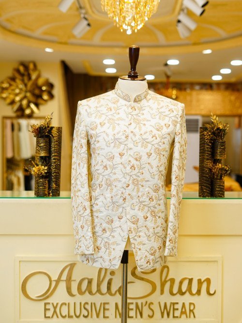 Graceful Off-White Prince Coat for Men with Skin-Toned Hand Embroidery – A Refined Look for Weddings and Celebrations