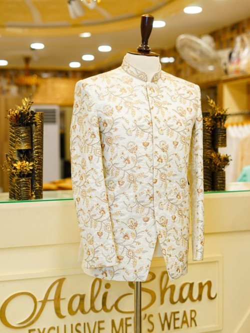 Graceful Off-White Prince Coat for Men with Skin-Toned Hand Embroidery – A Refined Look for Weddings and Celebrations