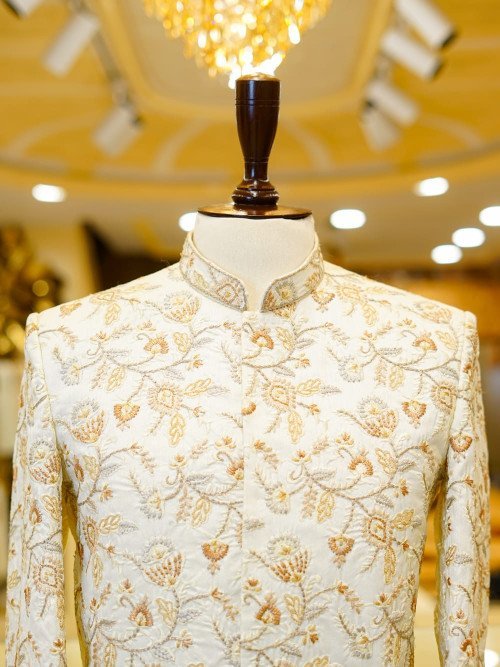 Graceful Off-White Prince Coat for Men with Skin-Toned Hand Embroidery – A Refined Look for Weddings and Celebrations